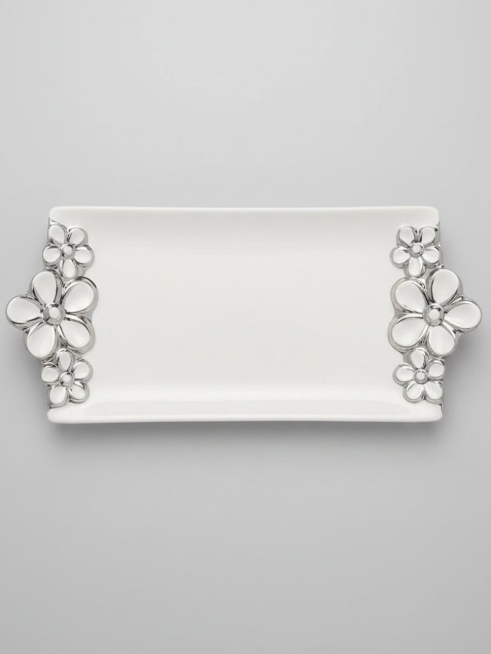 Verdici Design White Ceramic Floral Tray | Silver Platinum Detail | Vanity Décor
